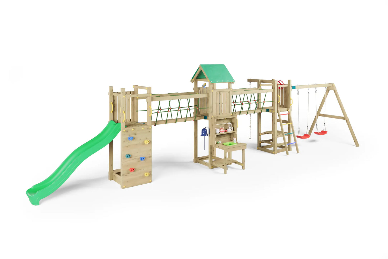 Fungoo Space Longer, žaidimų aikštelė su nameliu, čiuožykla, laipyne ir supynėmis | Kinderis.eu