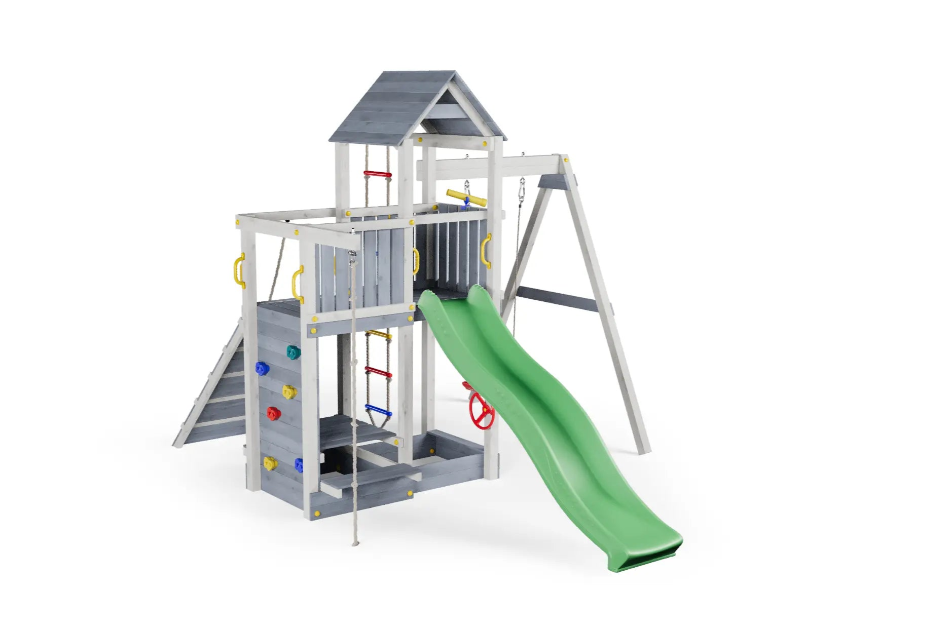 Medinė žaidimų aikštelė su sūpynėm "AKTYVUKAS GW" (balta-pilka) Kinderis.eu
