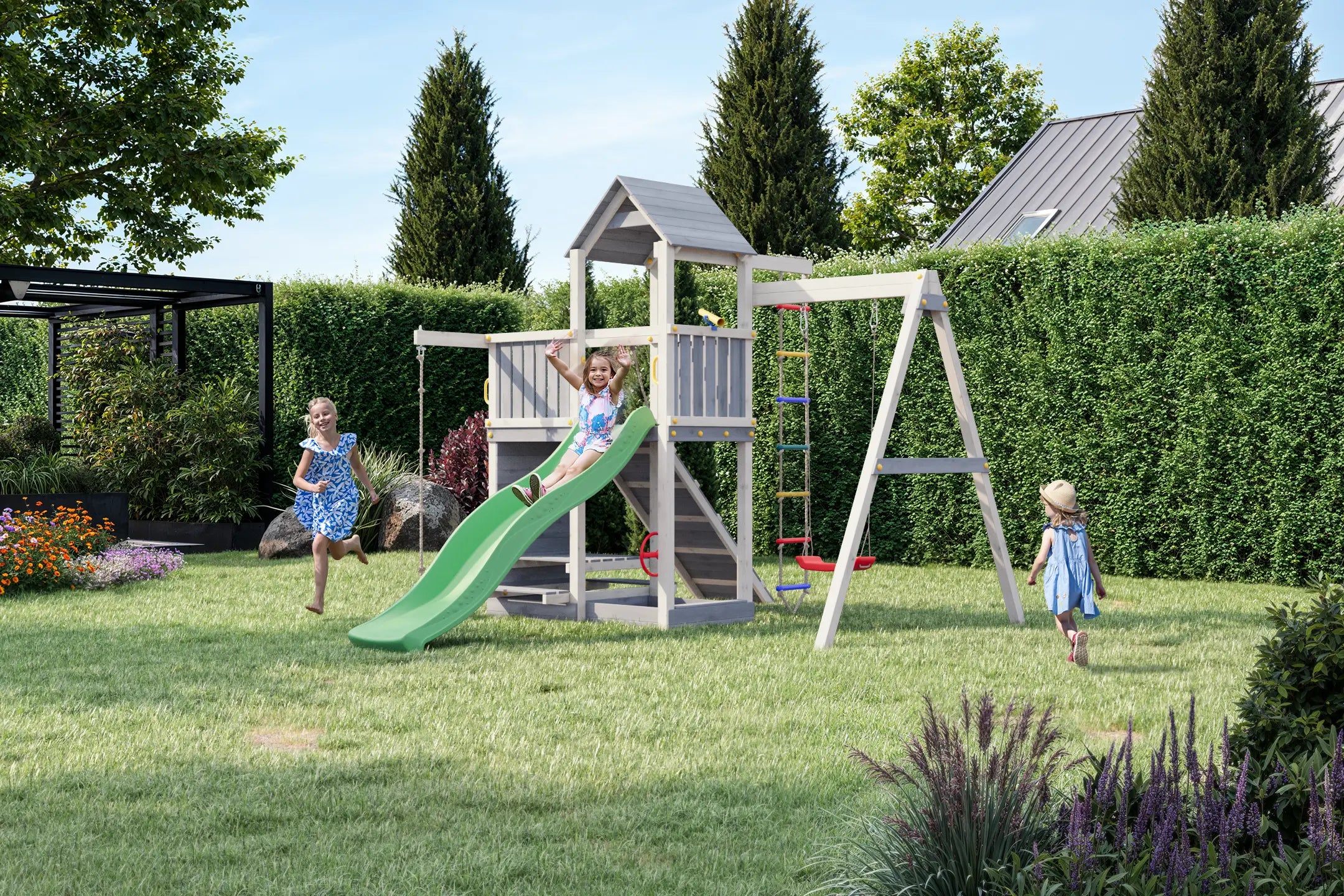 Medinė žaidimų aikštelė su sūpynėm "AKTYVUKAS GW" (balta-pilka) Kinderis.eu