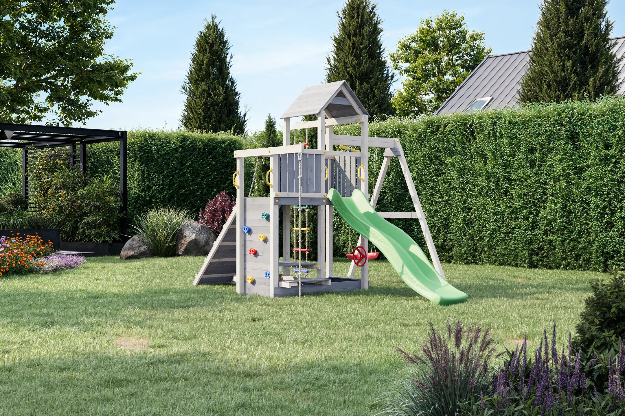 Medinė žaidimų aikštelė su sūpynėm "AKTYVUKAS GW" (balta-pilka) Kinderis.eu