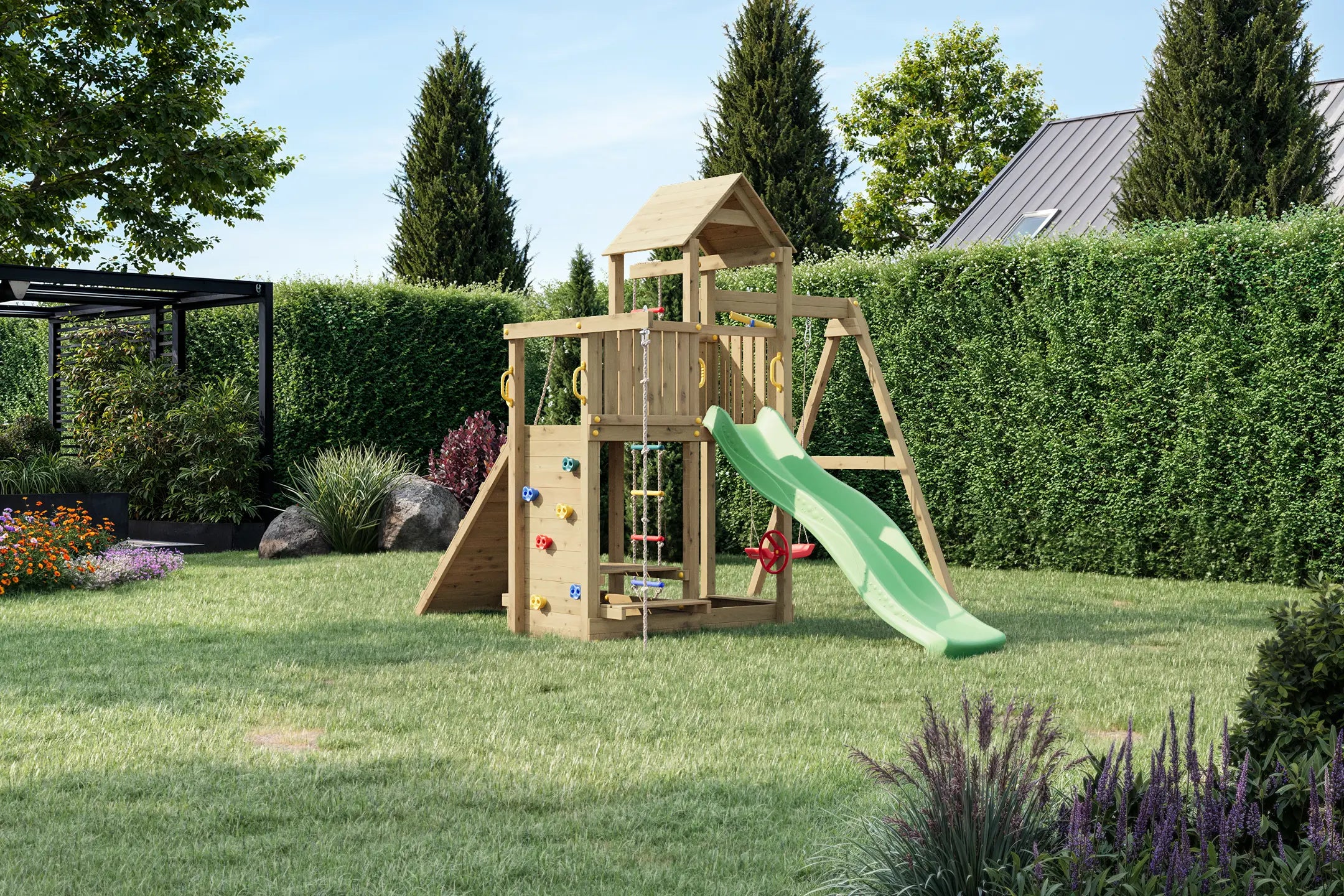 Medinė žaidimų aikštelė su sūpynėm "AKTYVUKAS" Kinderis.eu