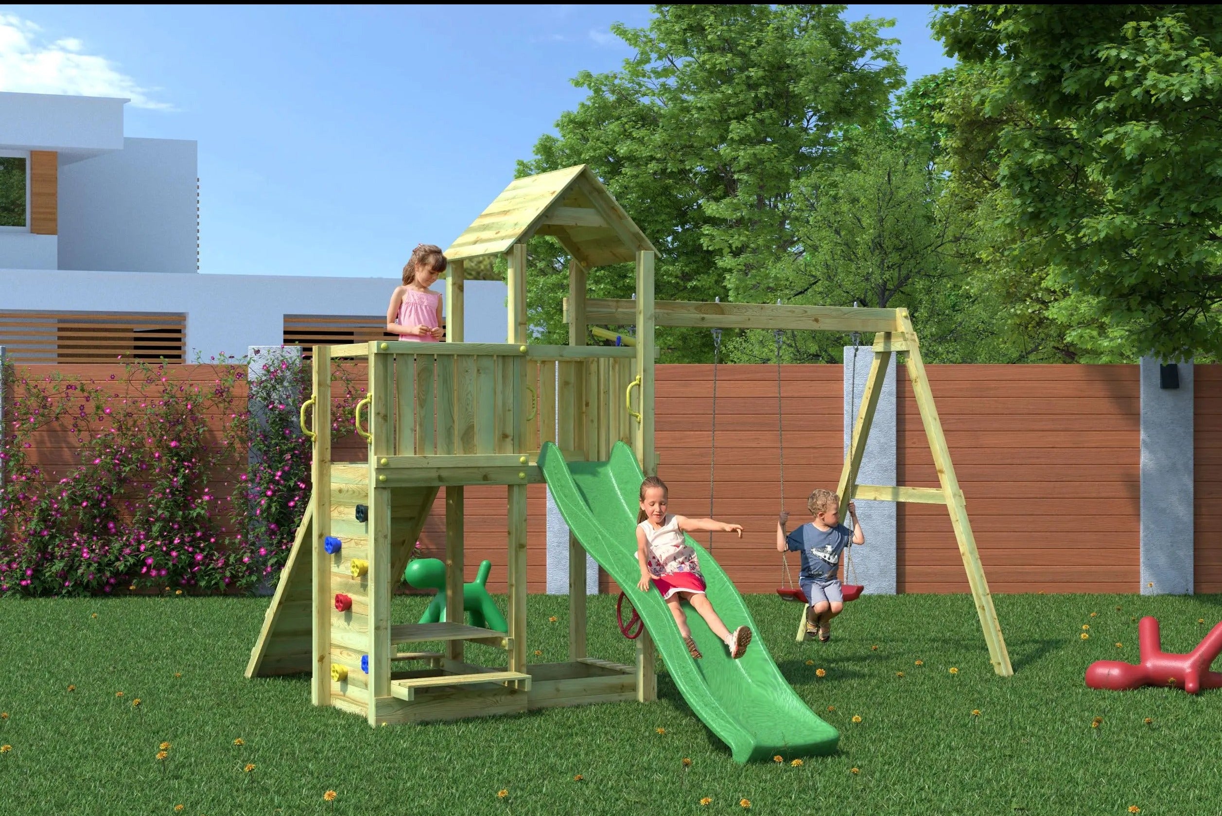 Žaidimų aikštelė su čiuožykla pikniko stalu, sūpynėm, akmenukų siena "FLOPIS" Kinderis.eu