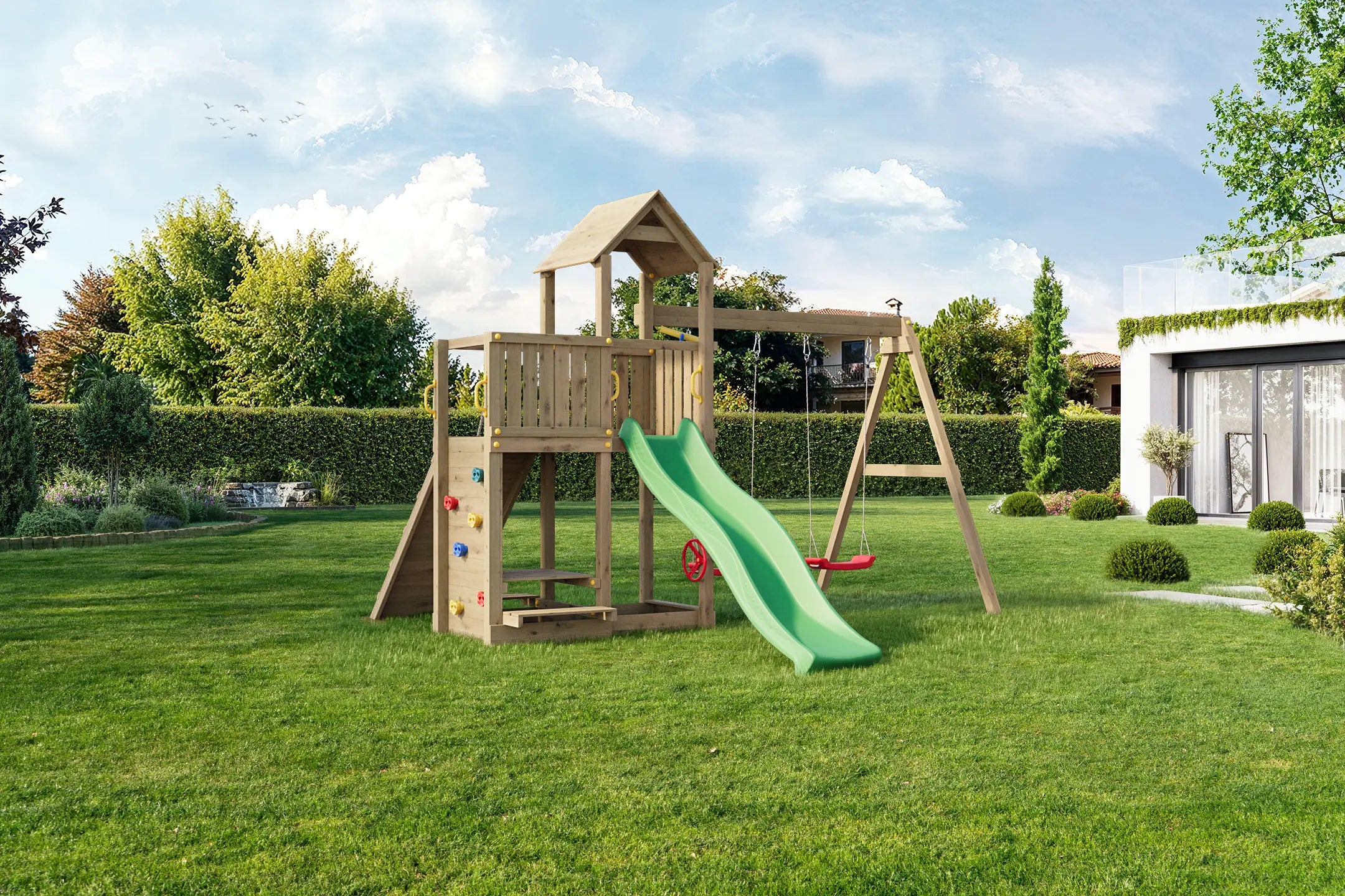 Žaidimų aikštelė su čiuožykla pikniko stalu, sūpynėm, akmenukų siena "FLOPIS" Kinderis.eu