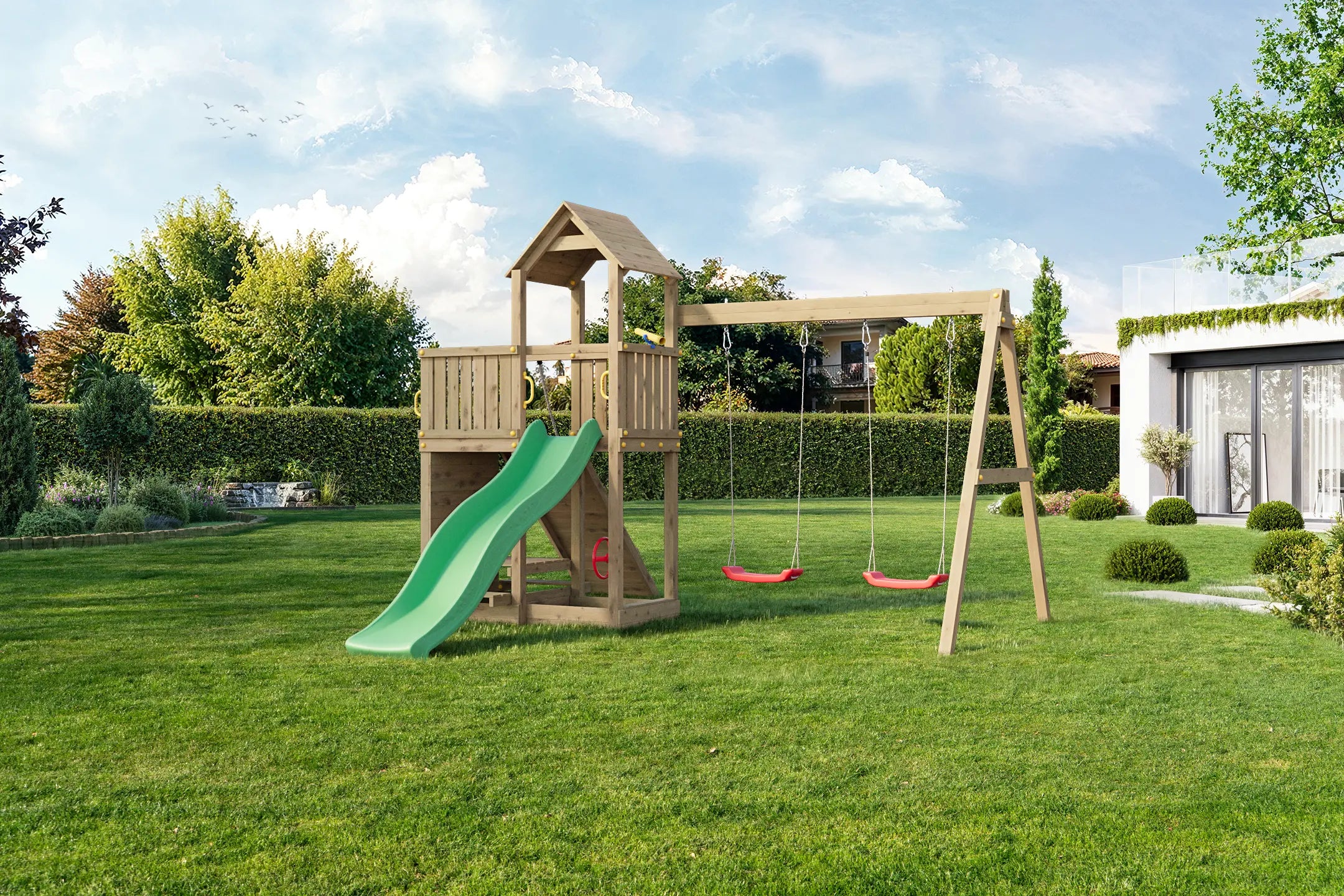 Žaidimų aikštelė su čiuožykla pikniko stalu, sūpynėm, akmenukų siena "FLOPIS" Kinderis.eu