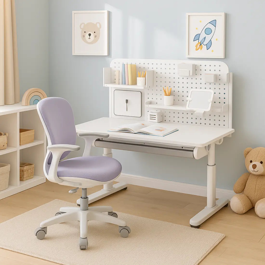 Spacetronik komplektas: reguliuojamas rašomasis stalas 100×60 + vaikiška kėdė su pakoju + antstalis su perforuota pegboard lentele | Kinderis.eu