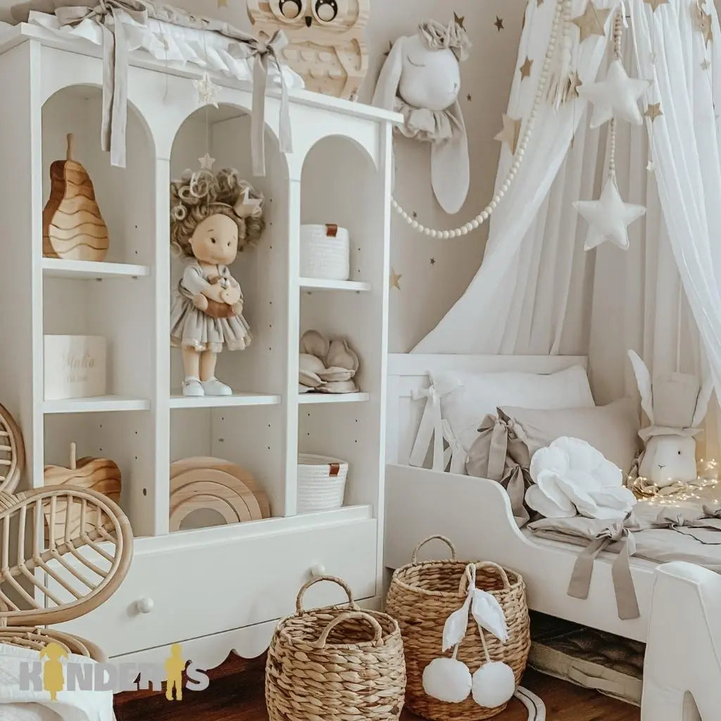 knygu ir zaislu lentyna su skirtingai stalcicais pastatyta vaiku kambaryje