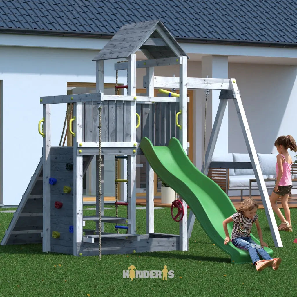 Medinė žaidimų aikštelė su sūpynėm "AKTYVUKAS GW" (balta-pilka) Kinderis.lt