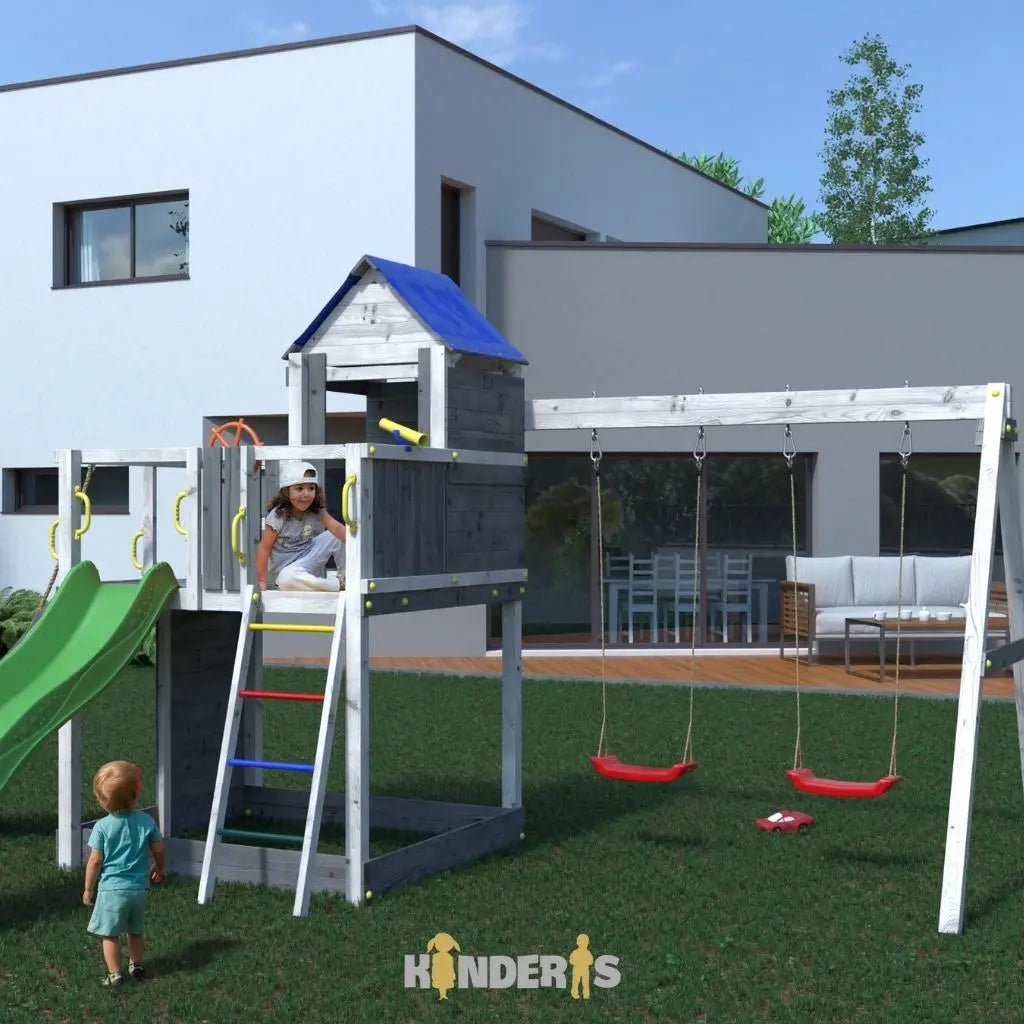 Medinis žaidimų namelis su čiuožykla ir sūpynėm su skirtingomis ciuozyklos spalvomis