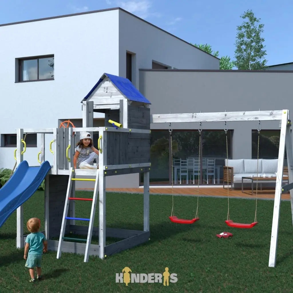 Medinis žaidimų namelis su čiuožykla ir sūpynėm su skirtingomis ciuozyklos spalvomis