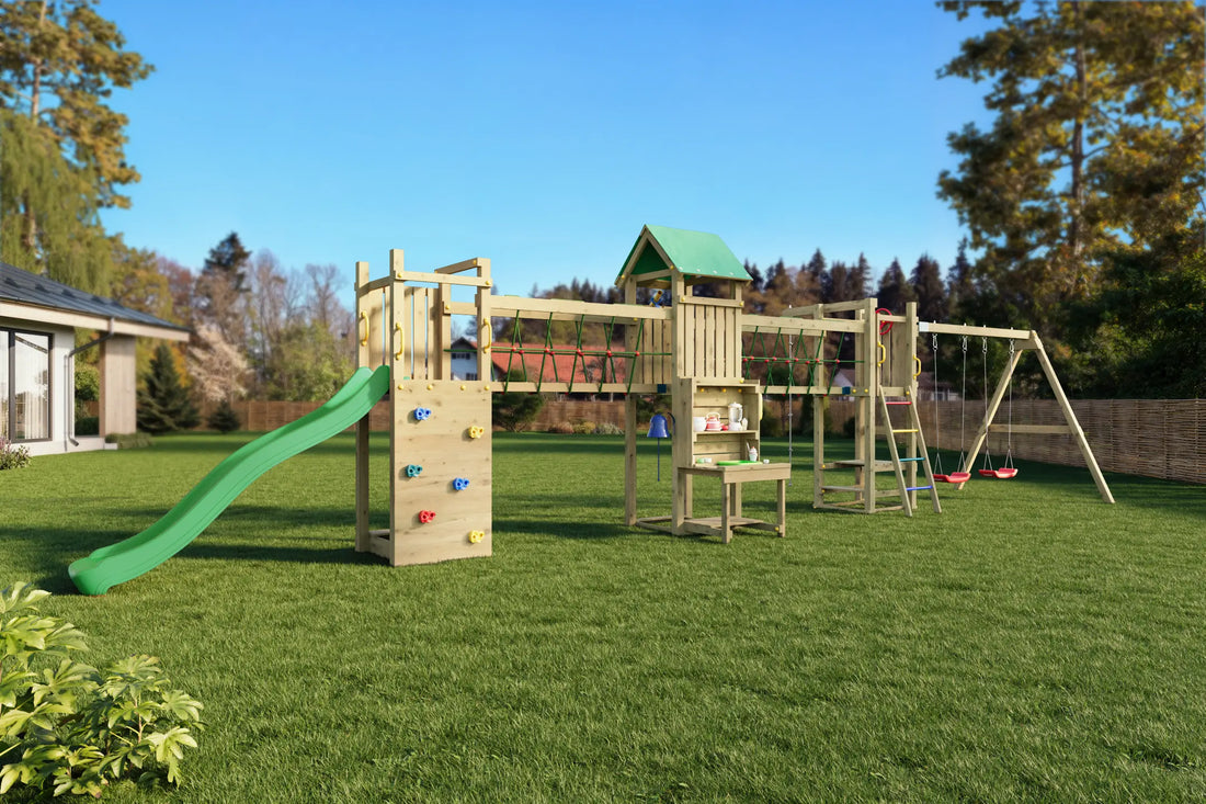 Fungoo Space Longer, žaidimų aikštelė su nameliu, čiuožykla, laipyne ir supynėmis | Kinderis.eu