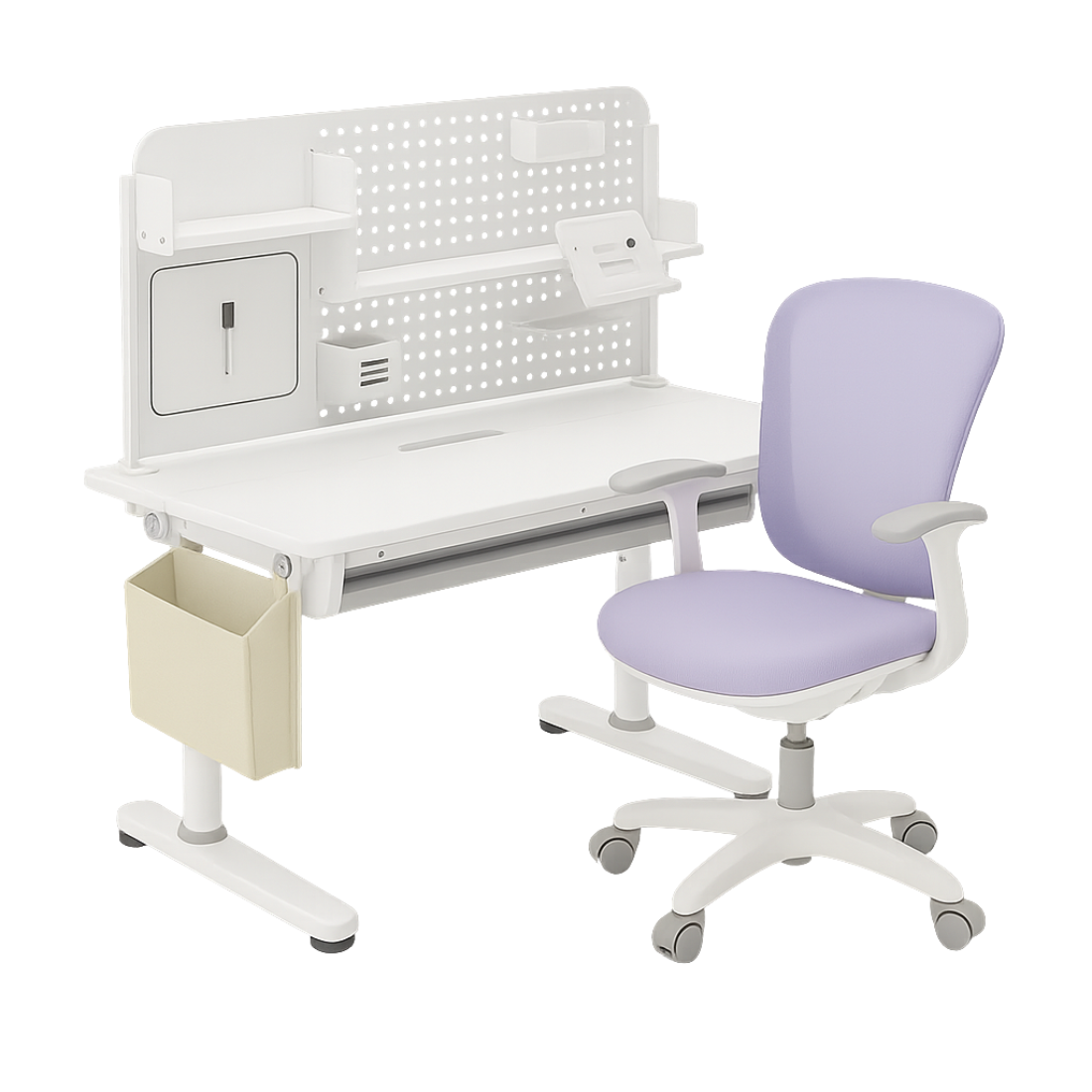 Spacetronik komplektas: reguliuojamas rašomasis stalas 100×60 + vaikiška kėdė su pakoju + antstalis su perforuota pegboard lentele | Kinderis.eu
