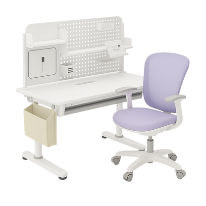 Spacetronik komplektas: reguliuojamas rašomasis stalas 100×60 + vaikiška kėdė su pakoju + antstalis su perforuota pegboard lentele | Kinderis.eu