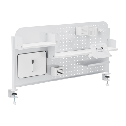 Spacetronik komplektas: reguliuojamas rašomasis stalas 100×60 + vaikiška kėdė su pakoju + antstalis su perforuota pegboard lentele | Kinderis.eu