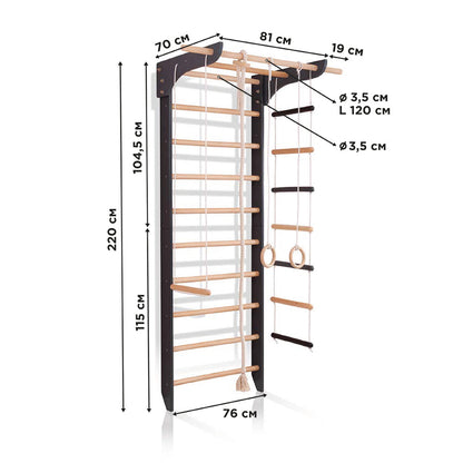 Švediška - gimnastikos sienelė su priedais 220x80 cm. /juoda + medis Kinderis.lt