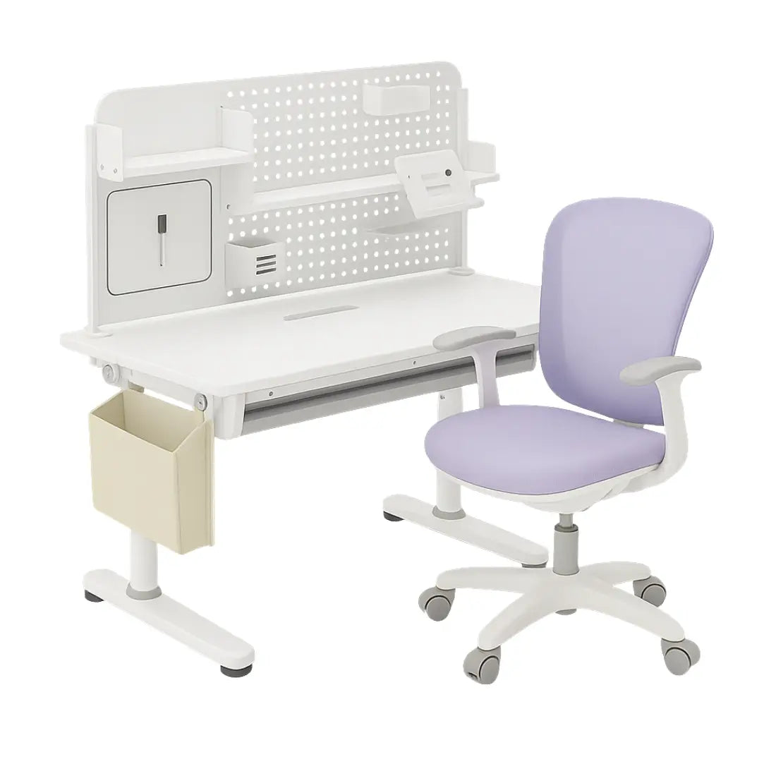 Spacetronik komplektas: reguliuojamas rašomasis stalas 100×60 + vaikiška kėdė su pakoju + antstalis su perforuota pegboard lentele | Kinderis.eu