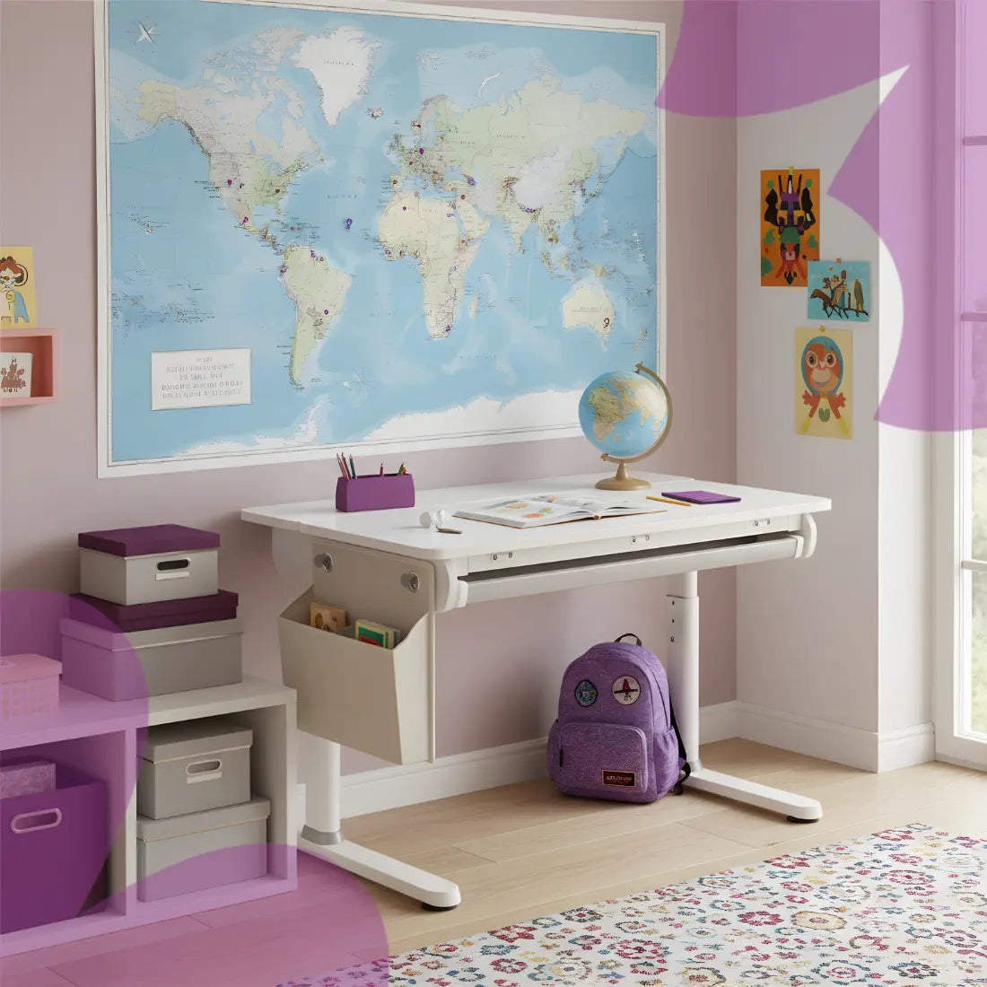 komplektas: reguliuojamas rašomasis stalas 100×60 + vaikiška kėdė su pakoju + antstalis su perforuota pegboard lentele Kinderis.eu