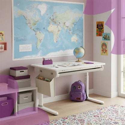 komplektas: reguliuojamas rašomasis stalas 100×60 + vaikiška kėdė su pakoju + antstalis su perforuota pegboard lentele Kinderis.eu