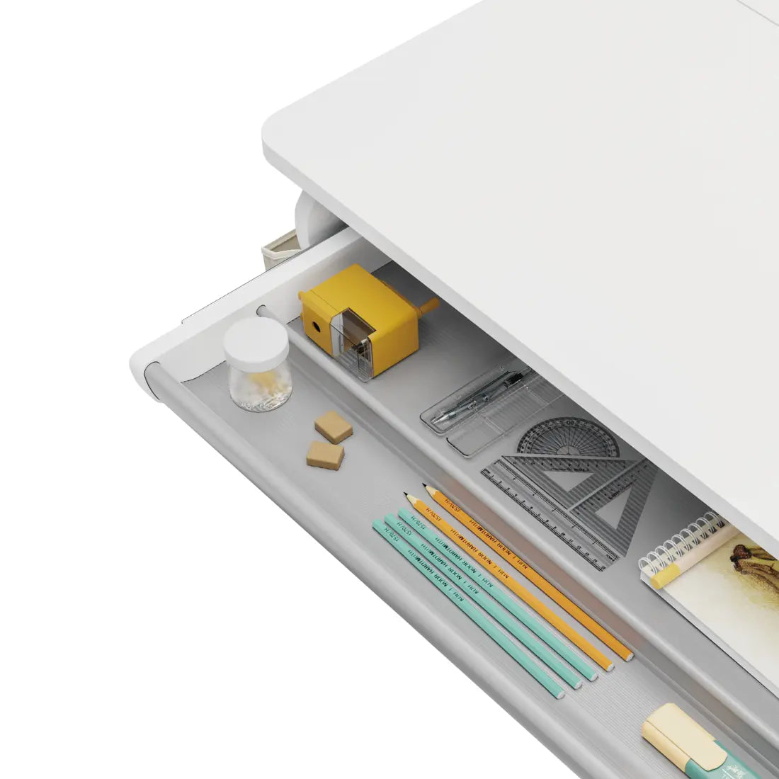 komplektas: reguliuojamas rašomasis stalas 100×60 + vaikiška kėdė su pakoju + antstalis su perforuota pegboard lentele Kinderis.eu