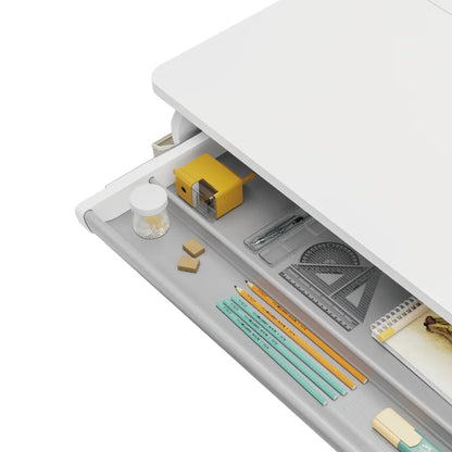 komplektas: reguliuojamas rašomasis stalas 100×60 + vaikiška kėdė su pakoju + antstalis su perforuota pegboard lentele Kinderis.eu