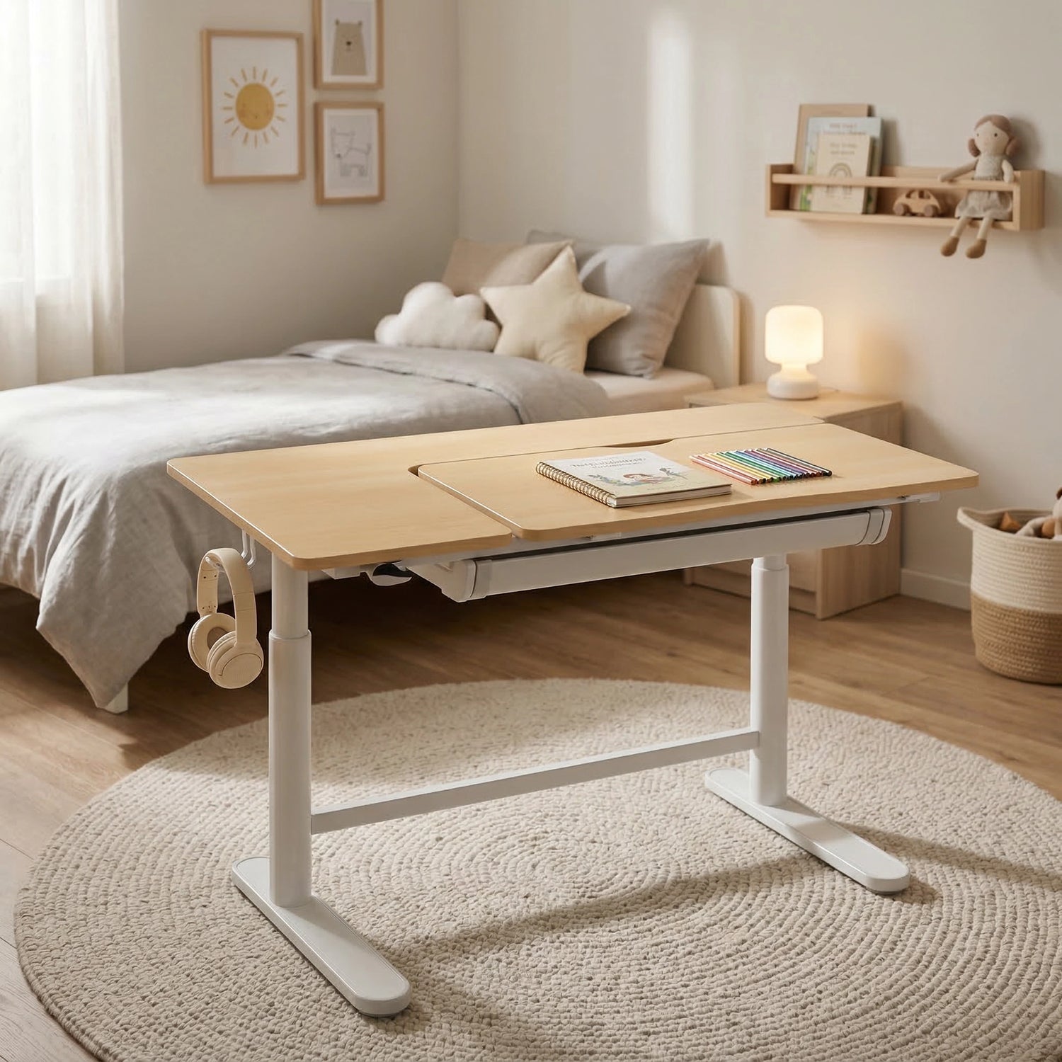 ELEKTRINIS, ergonomiškas stalas 112x60 su papildoma lentyna